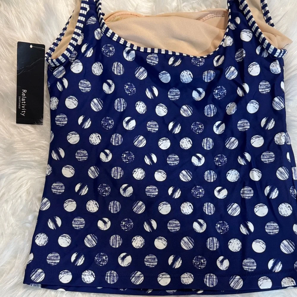 Relativity Navy Polka Dot Designed Swim Top with Striped Trim Size 6